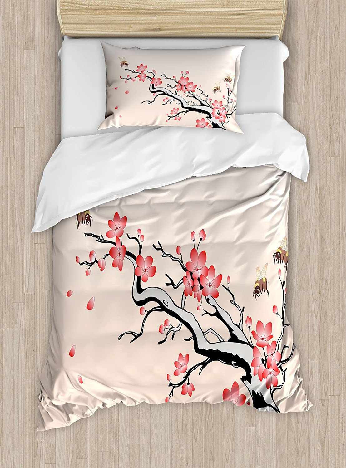 Price:$19.98 Nature Duvet Cover Set, Flowering Cherry Branch Flying Bees Summer Garden Windy Day Nature Artwork, Decorative 2 Piece Bedding Set with 1 Pillow Sham, Twin Size, Coral Black : Home & Kitchen