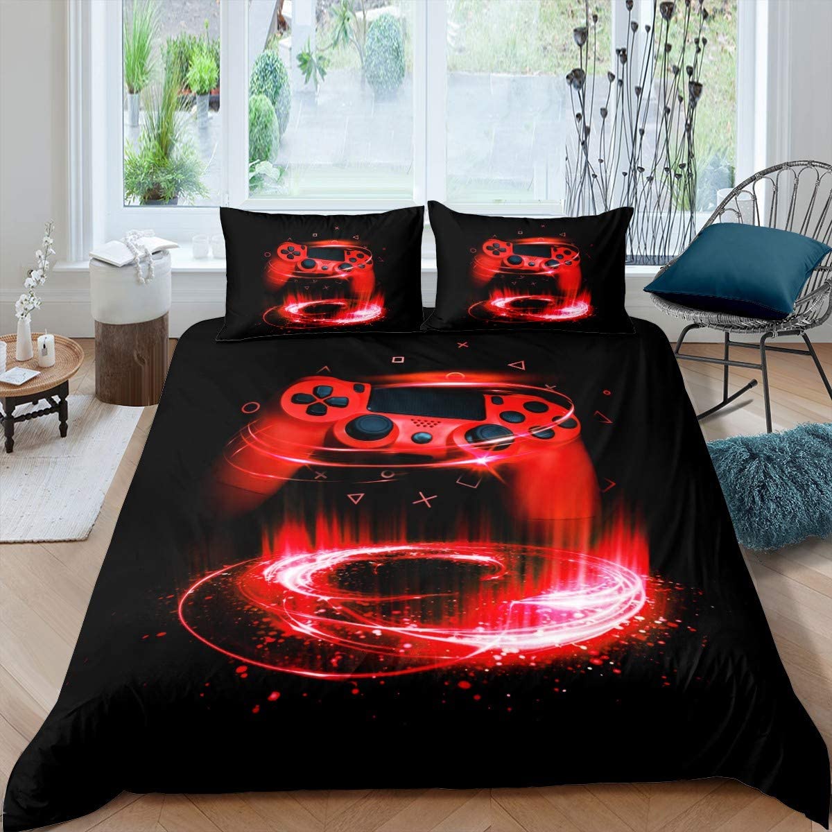 Price:$29.99 Gamer Bedding Set Boys Teens Video Game Gaming Duvet Cover Geometric Triangle Circle Comforter Set Kids Teens Console Game Controller Bedspread Bedroom Collection 2Pcs Twin,Black,Red : Home & Kitchen