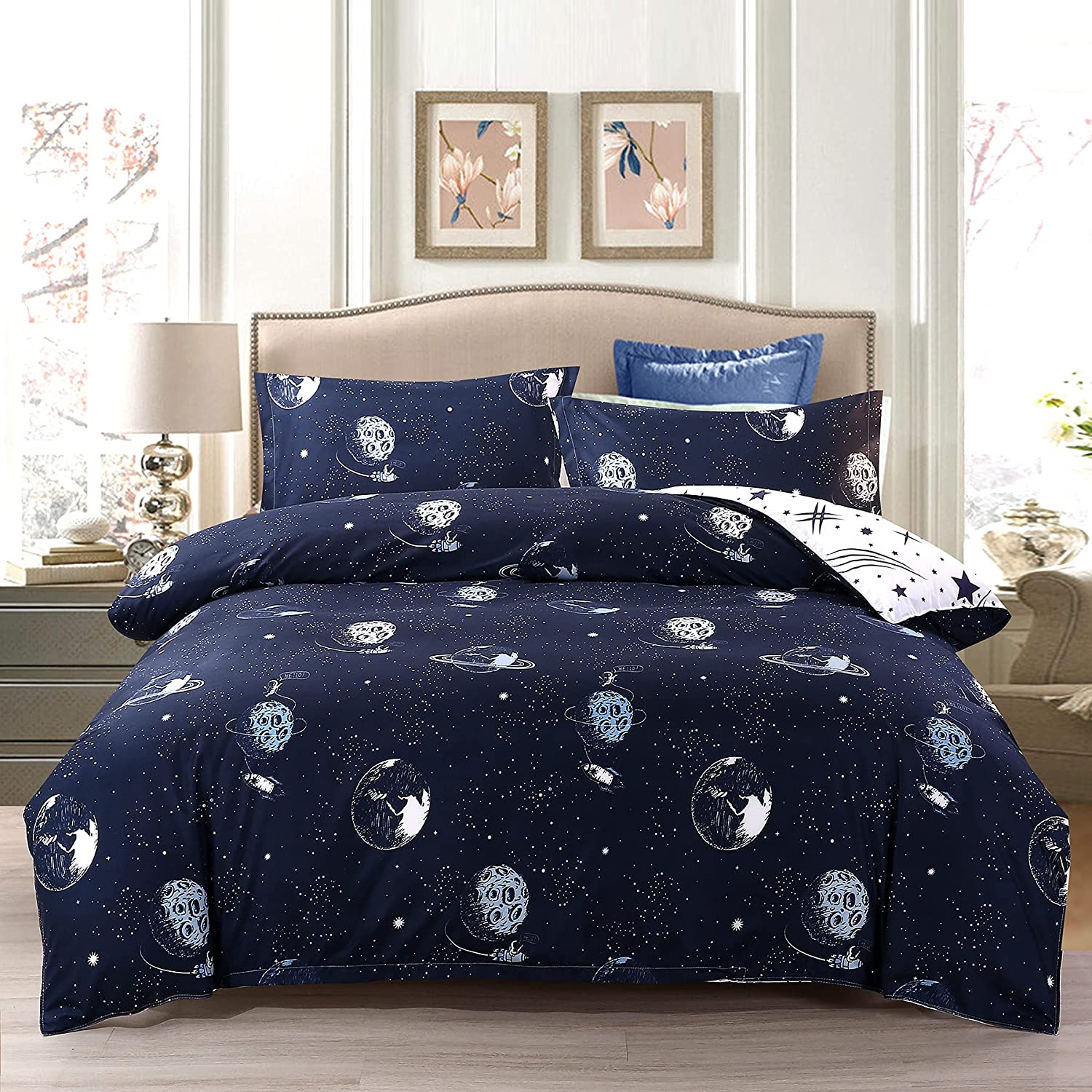 Price:$23.80 Star Galaxy Bedding Set Duvet Cover Set for Teen Kids Boys Gift Solar System Pattern (Twin, Dark Blue) : Home & Kitchen