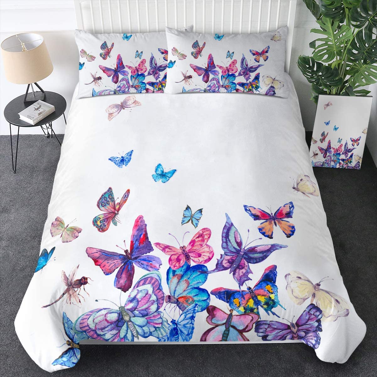 Price:$49.99 Blue Butterfly Duvet Cover Bed Set 3 Piece Watercolor Butterfly Quilt Cover Vintage Bedding Set 6D Purple Butterflies White Bedding for Women Teen Girls (King) : Home & Kitchen