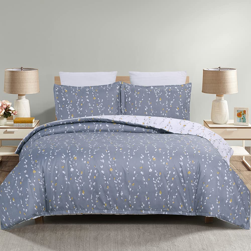 Price:$30.95 Soft Brushed Microfiber Duvet Cover Set with Zipper Closure and Corner Ties, Floral and Branch Reversible Design, Grey and White- King : Home & Kitchen