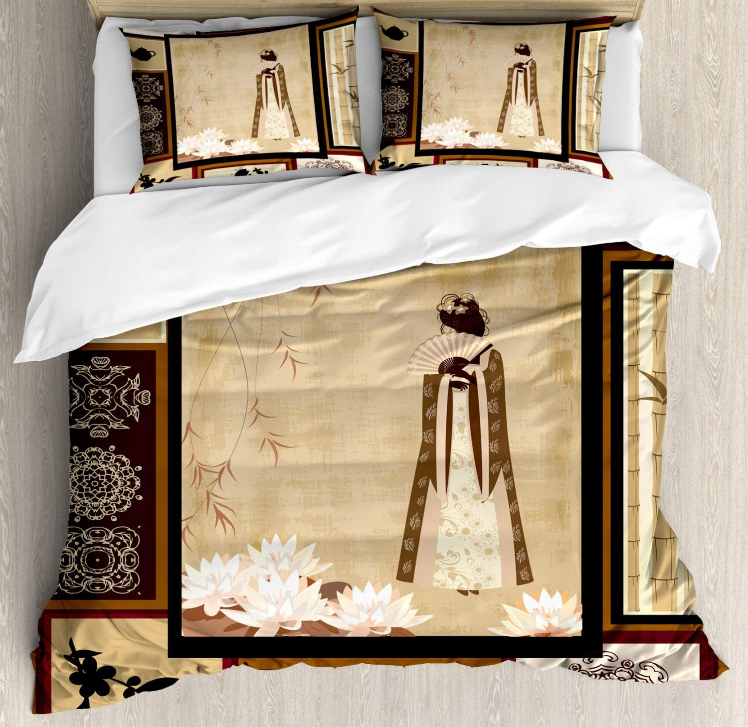 Price:$89.95 Japanese Duvet Cover Set, Girl in Traditional Dress and Cultural Patterns Ornaments Antique Eastern Collage, Decorative 3 Piece Bedding Set with 2 Pillow Shams, King Size, Brown Cream : Home & Kitchen