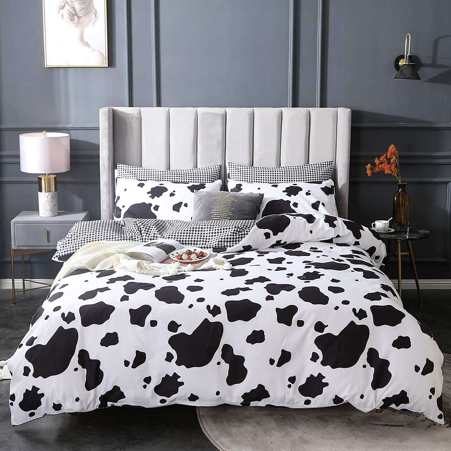 Price:$27.99 Duvet Cover Set 3 Piece Microfiber Bedding Kit with Pillow Cases Zipper Closure Corner Ties Black White Cow Print Reversible Plaid Pattern Ultra Soft for Kids Boys Girls (Cow, King Size) : Home & Kitchen