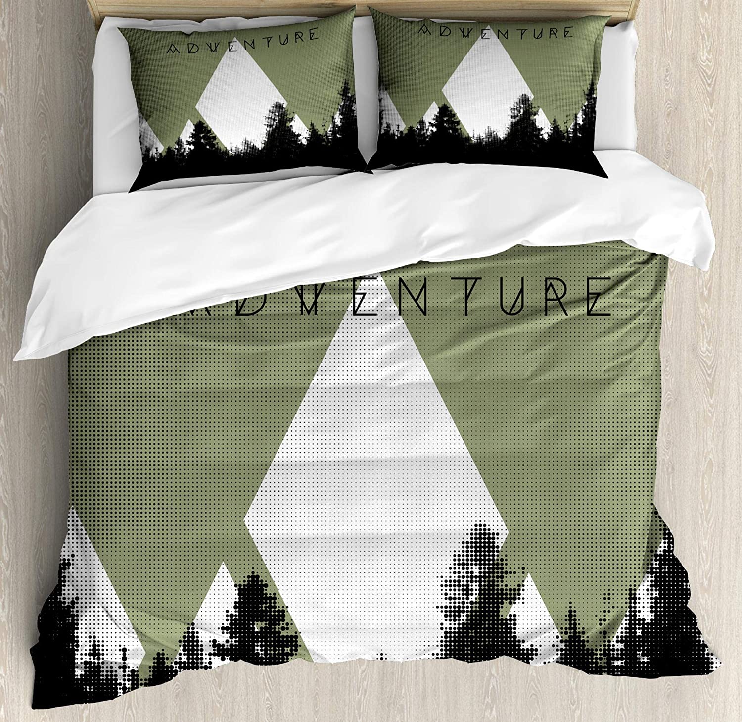 Price:$89.95 Adventure Duvet Cover Set, Forest with Halftone Effect Hipster Typography Camping in Mountains, Decorative 3 Piece Bedding Set with 2 Pillow Shams, King Size, Army Green : Home & Kitchen