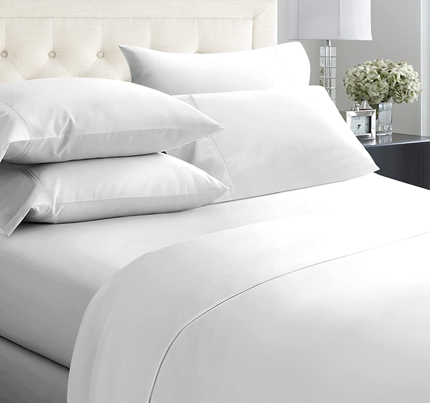 Price:$52.99 White Queen Sheet Set Soft 100% Cotton Sheets, 400 Thread Count Sateen, Deep Pocket Cooling Bedsheets, Includes 4 Pillowcases (Queen, Pure White) : Home & Kitchen