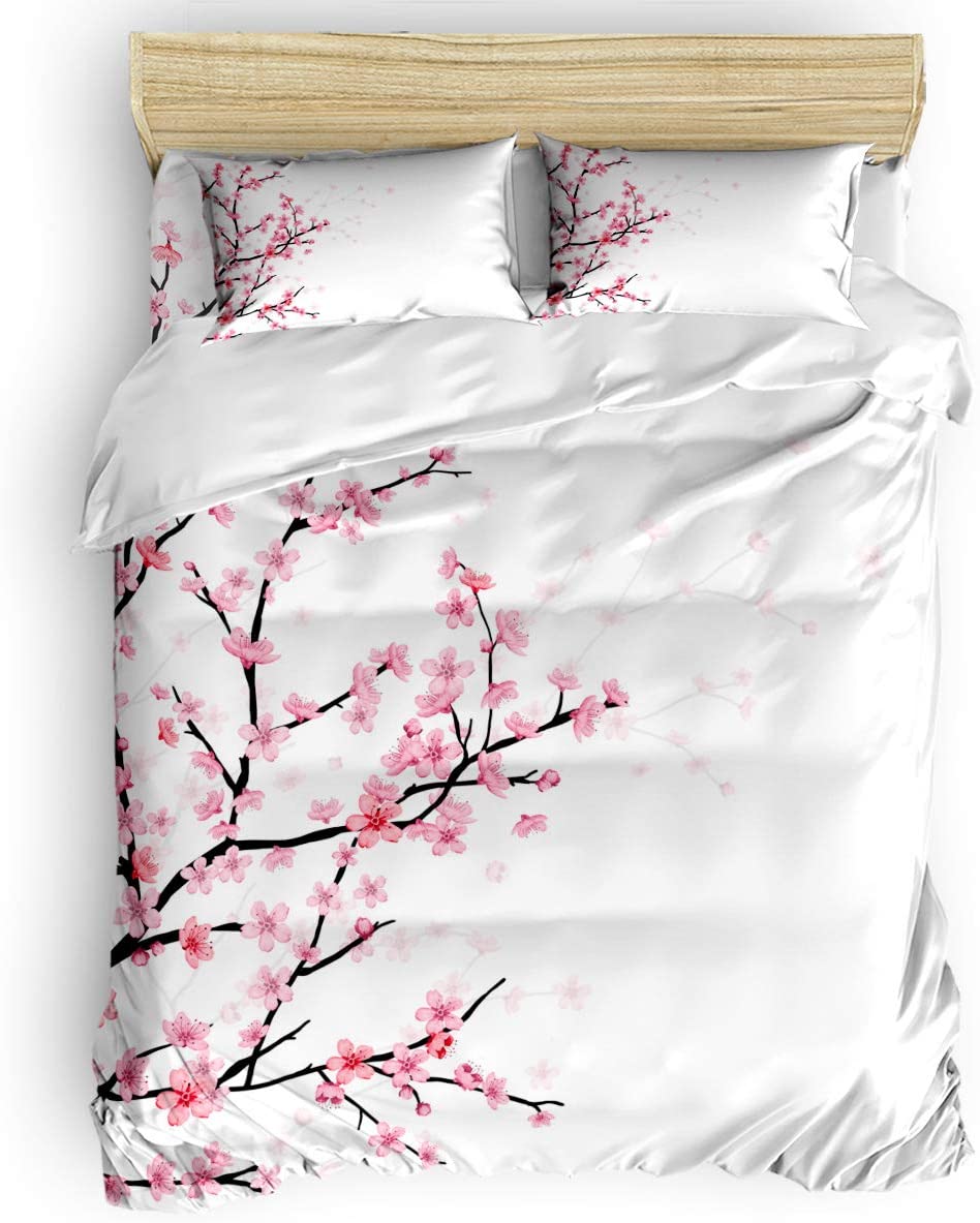 Price:$120.41 Bed Sheet Sets 4 Pcs Duvet Cover Set for Home Hotel Decor, Pink Cherry Blossoms Flower Pattern Queen Comforter Bedding Set with 2 Pillowcases 1 Duvet Cover and 1 Bed Sheet for Adults Kids : Home & Kitchen