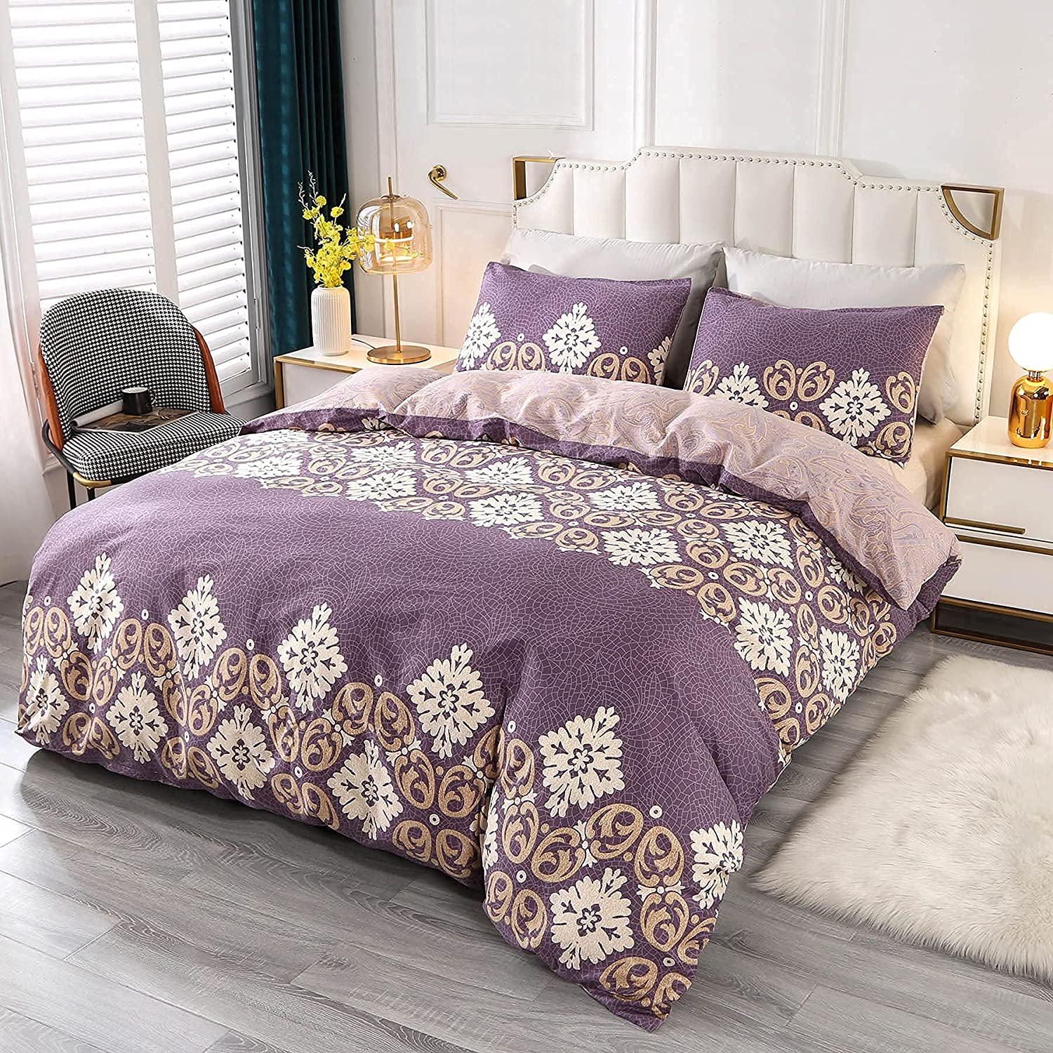 Price:$49.99 Duvet Cover Set King Size 3 Piece 100% Cotton Damask Medallion Comforter Cover Set Purple Golden Flowers Pattern Reversible Bedding Set with Zipper Closure Corner Ties and 2 Pillow Shams : Home & Kitchen