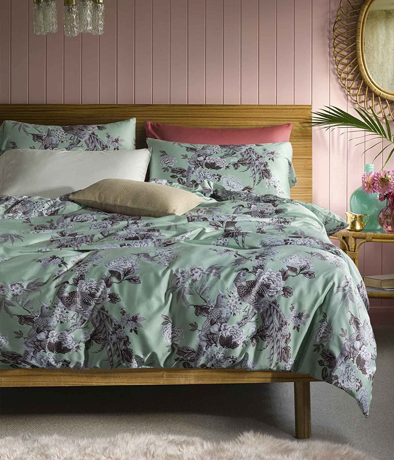 Price:$98.80 Home Chinoiserie Chic Peacock Floral Duvet Cover Paradise Garden Botanical Bird and Tree Branches Vintage Stylized Long Staple Cotton Bedding Set (Celadon Ice, King) : Home & Kitchen