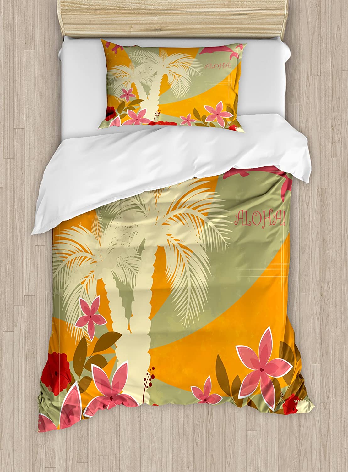 Price:$29.97 Hawaiian Duvet Cover Set, Aloha Vintage Print Colorful Swirl Backdrop Dolphins Palm Trees Flowers, Decorative 2 Piece Bedding Set with 1 Pillow Sham, Twin Size, Green Marigold : Home & Kitchen