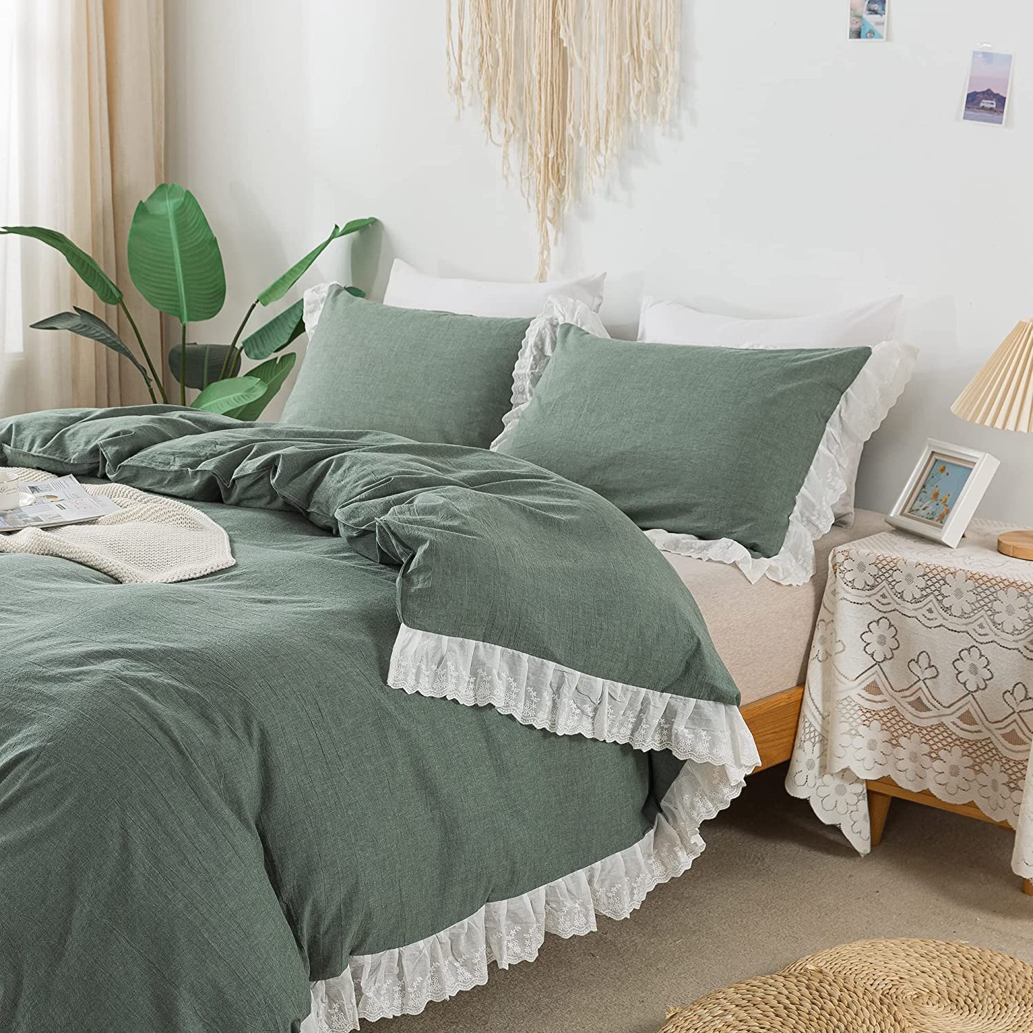 Price:$84.00 Boho Vintage Bedding Sage Green Duvet Cover Set Lace Ruffle 100% Cotton Zipper Closure Boho Shabby Style Sage Green Queen : Home & Kitchen