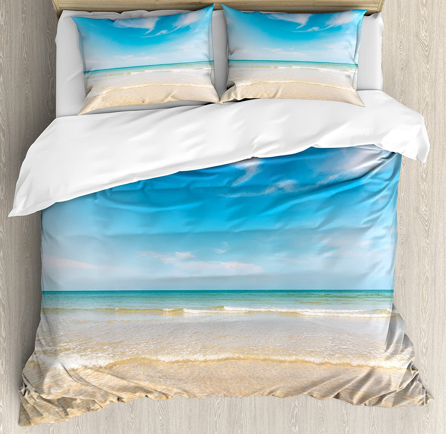 Price:$79.95 Ocean Duvet Cover Set, Sea and Sky Landscape at Beach in Tropical Exotic Hawaiian Caribbean Lands, Decorative 3 Piece Bedding Set with 2 Pillow Shams, Queen Size, Cream Blue : Home & Kitchen