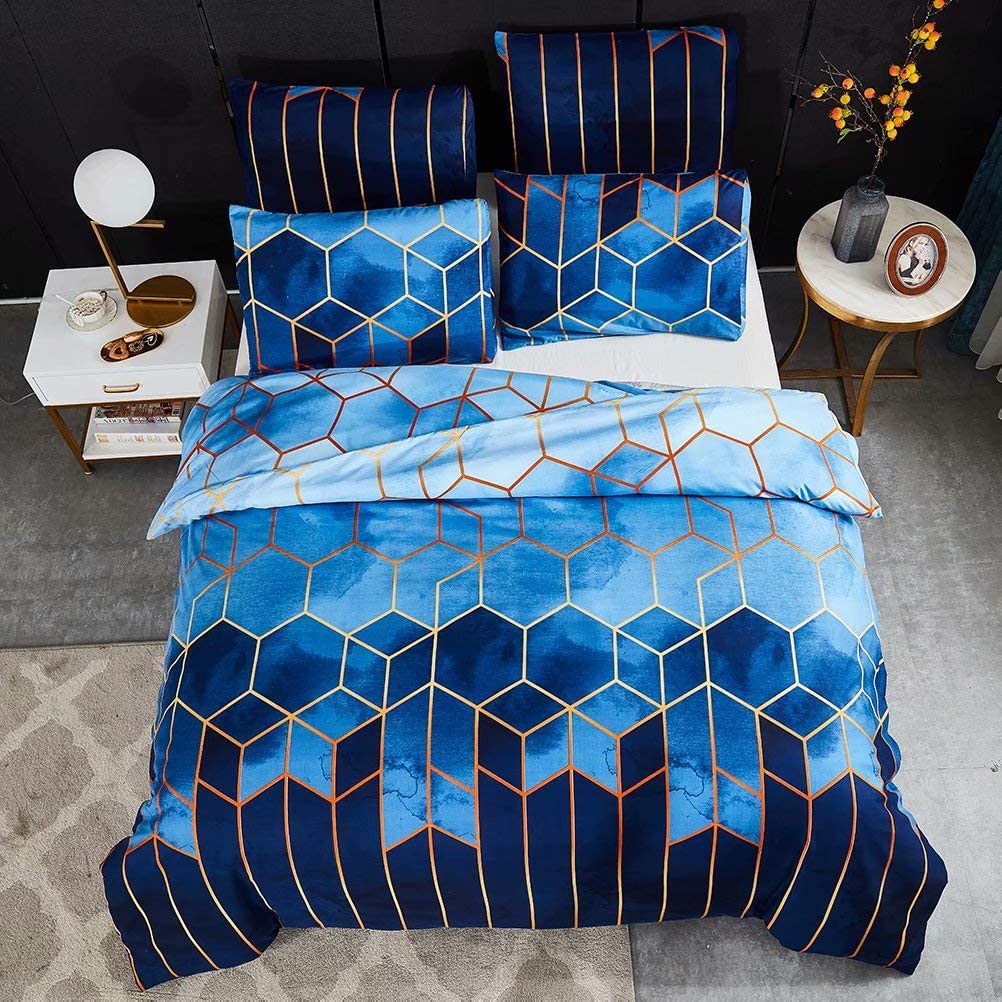 Price:$37.98 Gold Duvet Cover King Geometric Diamond Print Bedding Duvet Cover Blue Golden Lines Microfiber 3PC Duvet Cover Set with Pillowcases Super Soft : Home & Kitchen