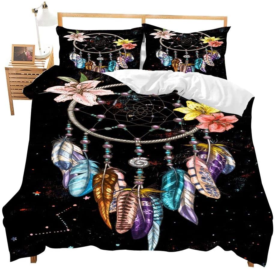 Price:$45.00 Bohemian Comforter Set Queen Size Dream Catcher Bedding Set, Colorful Feather and Floral Printed on Black Duvet Cover Set,Starry Sky Theme Soft Microfiber Quilt Set for Girls Women : Home & Kitchen