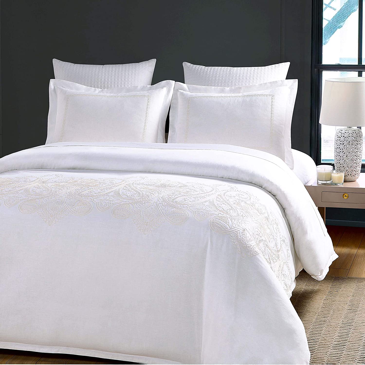 Price:$42.99 Hotel Duvet Cover Damask Duvet Cover King Set 90 x 106 Inch Cotton Linen with Exquisite Embroidered & Button Closure Farmhouse Bedding Comforter Cover Set Star Hotel Look White (King Size) : Home & Kitchen