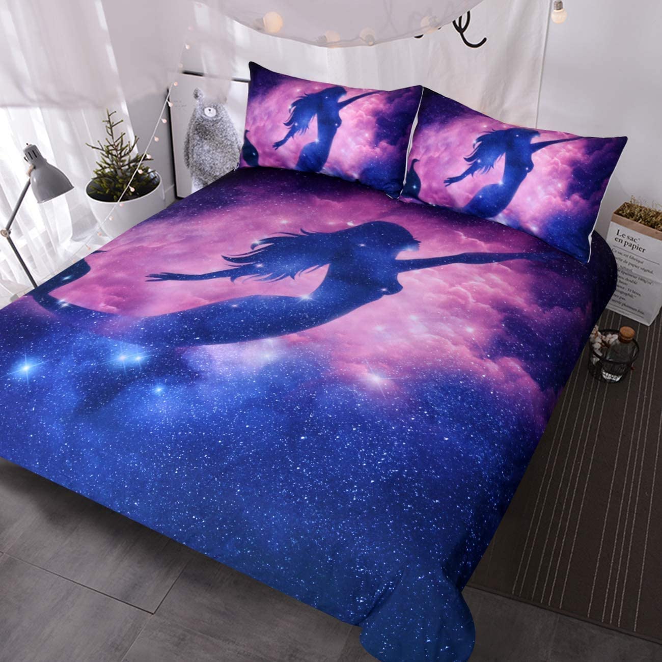 Price:$39.90 Mermaid Bed Set Mermaid Twin Bedding Sets for Kids Little Girls Comforter Cover 3 Piece Pink Purple Blue Psychedelic Galaxy Duvet Cover : Home & Kitchen