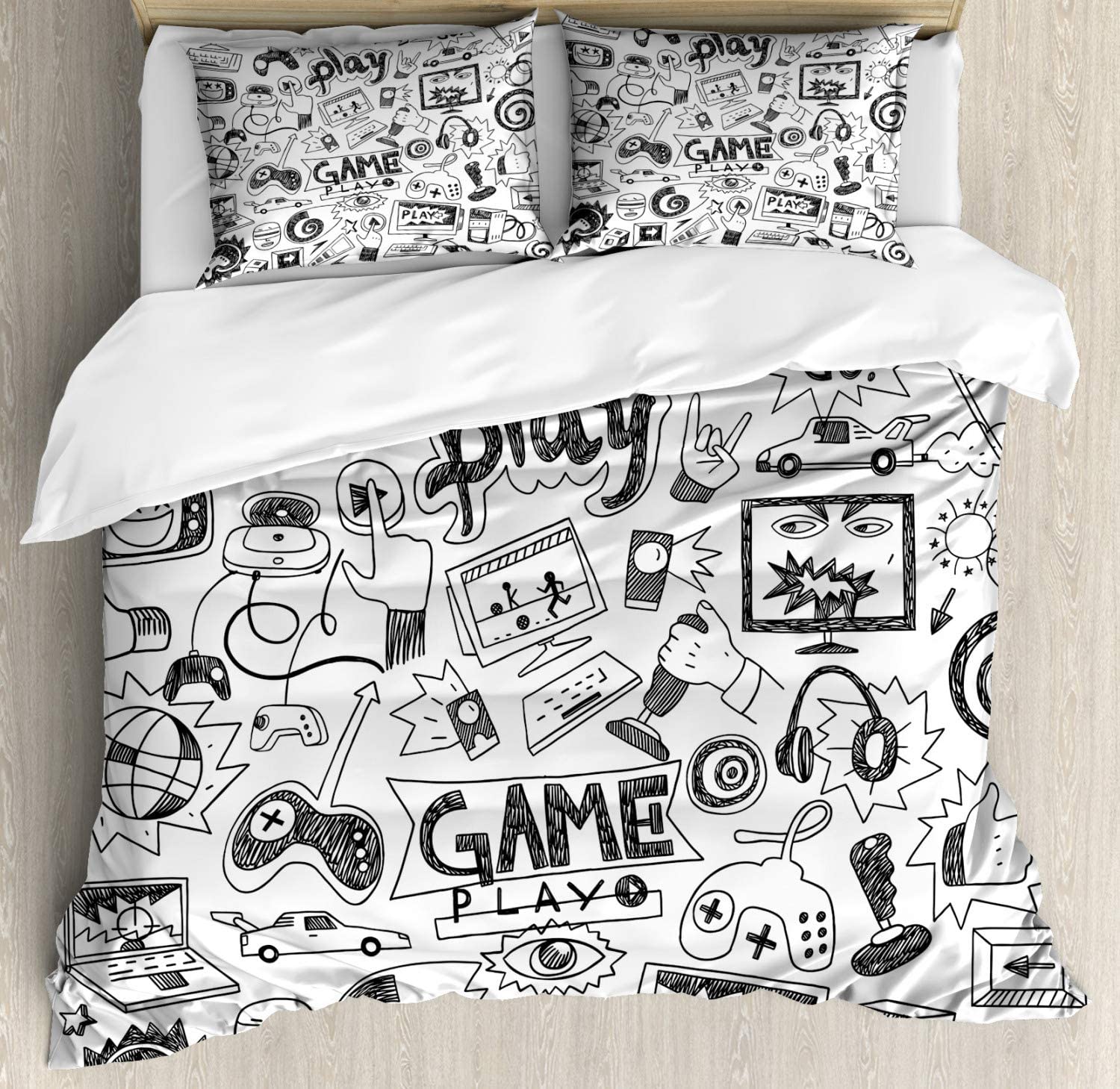 Price:$39.95 Video Games Duvet Cover Set, Monochrome Sketch Style Gaming Design Racing Monitor Device Gadget Teen 90's, Decorative 3 Piece Bedding Set with 2 Pillow Shams, Queen Size, White and Black : Home & Kitchen