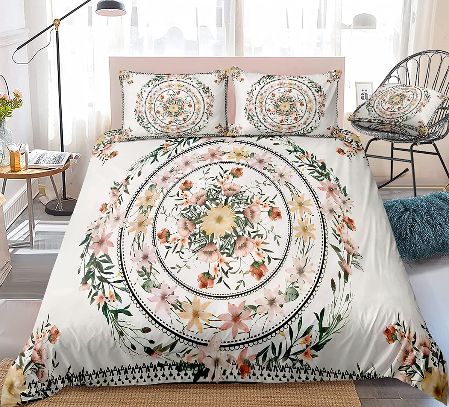 Price:$35.99 Duvet Cover Set Boho Chic Mandala Bedding Sketched Floral Medallion Printed Boho Hippie Bedding Sets Queen 1 Duvet Cover 2 Pillowcases (Queen, Floral) : Home & Kitchen