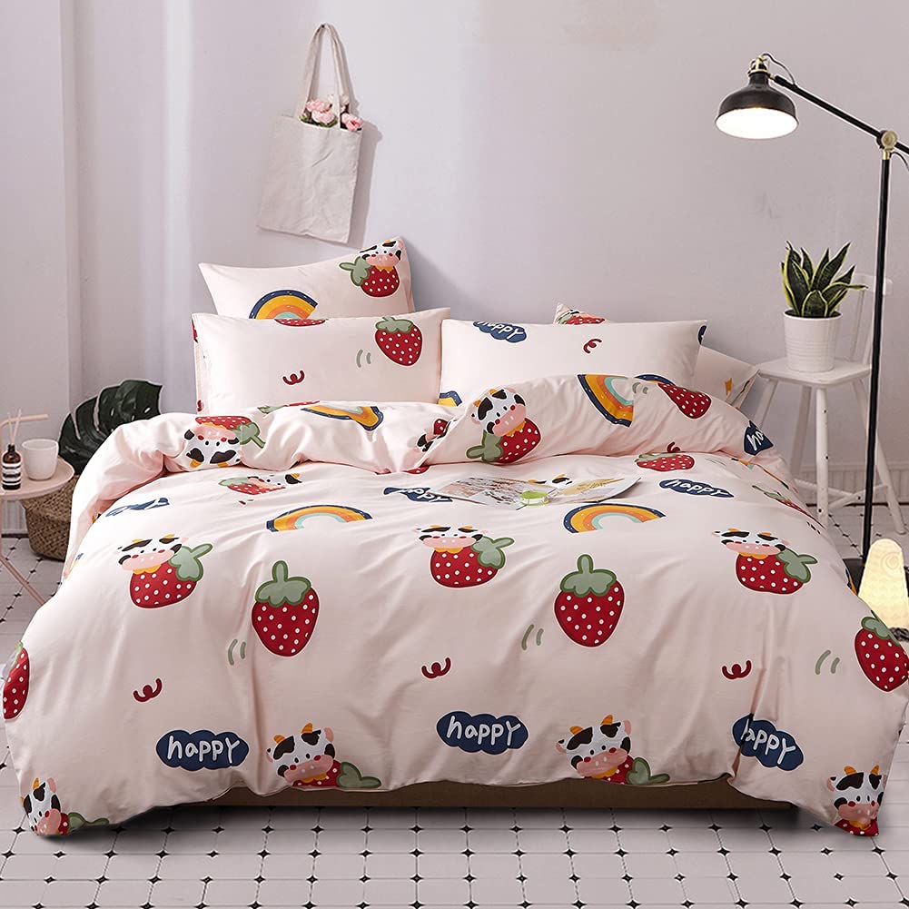 Price:$46.99 Cotton Pink Twin Duvet Cover Set Strawberry Cow Duvet Cover for Kids with Colorful Rainbow Pattern Bedding Duvet Set with Zipper and Closure (No Comforter) : Everything Else