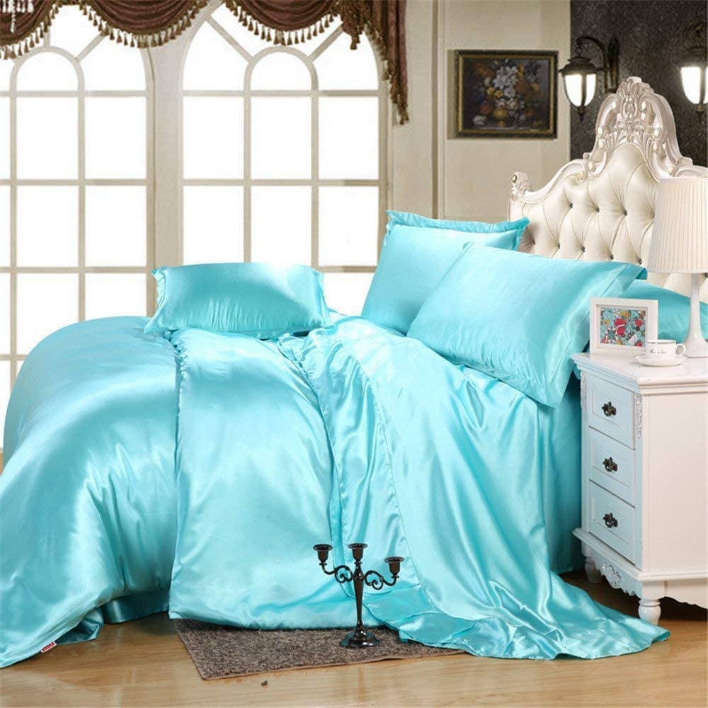 Price:$64.99 Bedding Duvet Cover 3 Piece Set 100% Pure Silk Satin Luxurious Comfortable and Ultra-Soft, Comforter Cover with Zipper Closure and 2 Pillow Shams (Super King 98''x108'', Light Blue) : Home & Kitchen