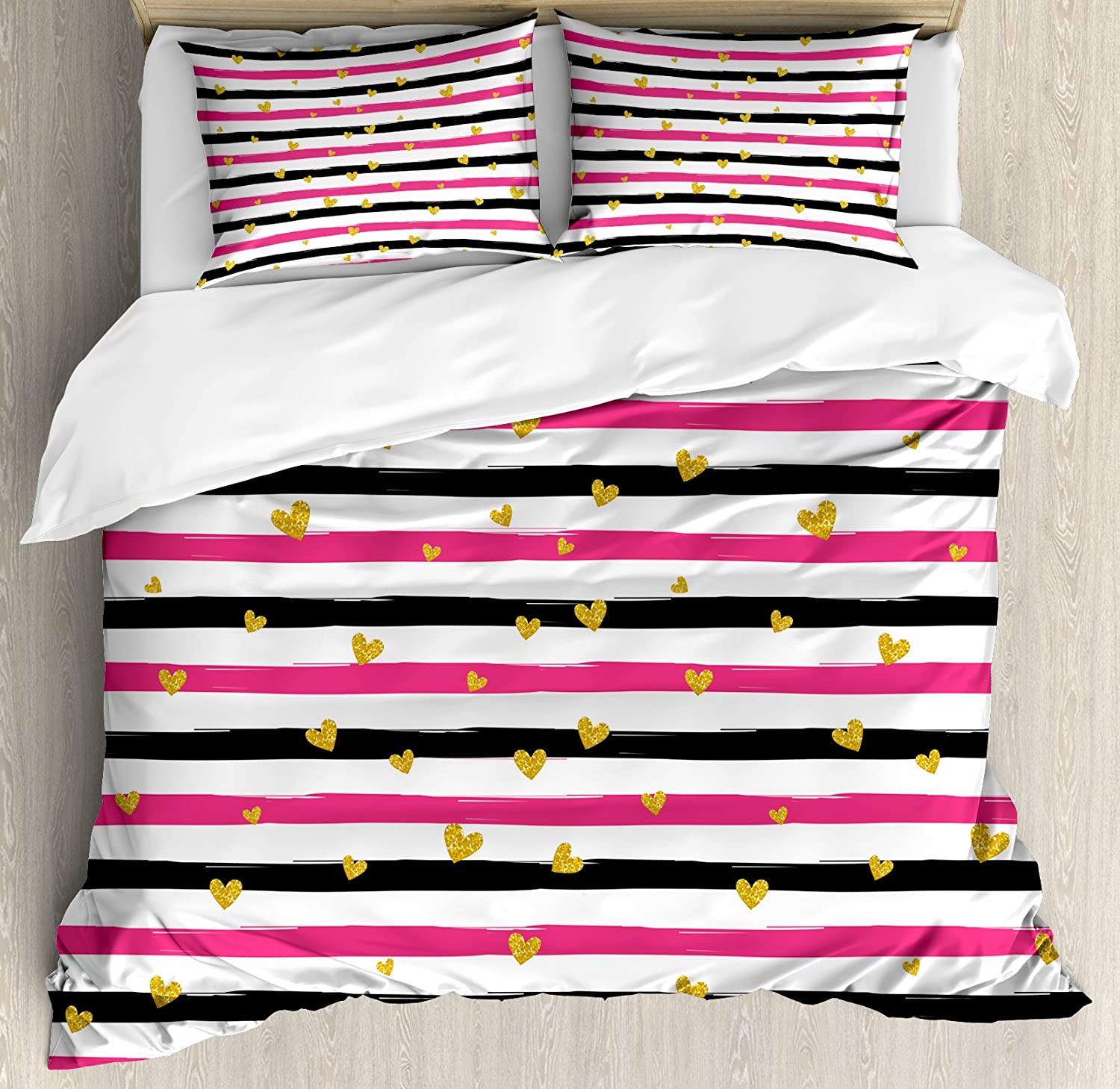 Price:$49.96 Valentines Day Duvet Cover Set, Romantic Teenager Inspired by Love Theme Sign and Hearts on Grunge Stripes Lines, Decorative 3 Piece Bedding Set with 2 Pillow Shams, King Size, Pink White : Home & Kitchen