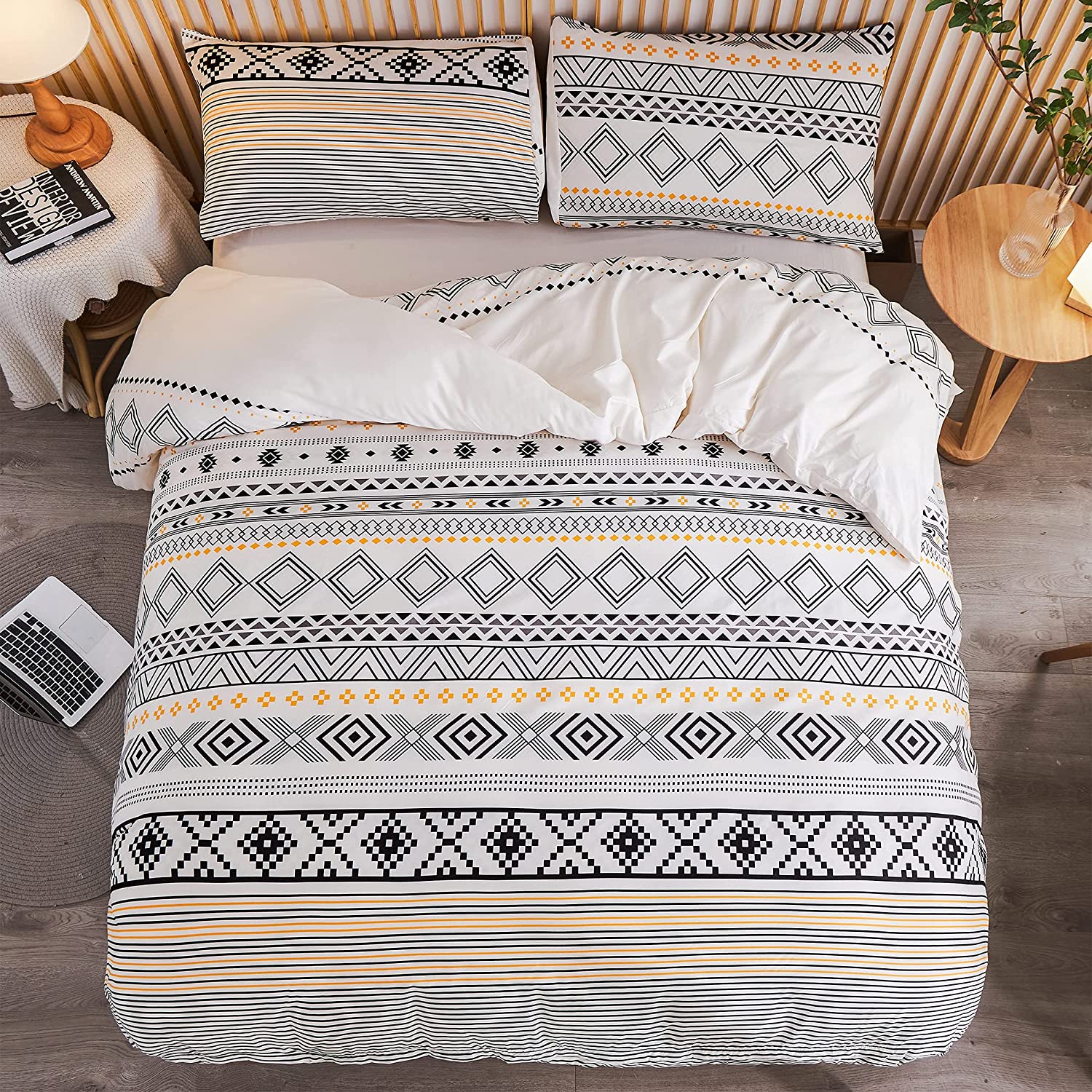 Price:$27.90 Geometric Duvet Cover Set Queen Size 3-Piece Bohemian Style Striped Design Luxury Soft Bedding Set Comforter Cover(1 Duvet Cover+2 Pillowcases) : Home & Kitchen