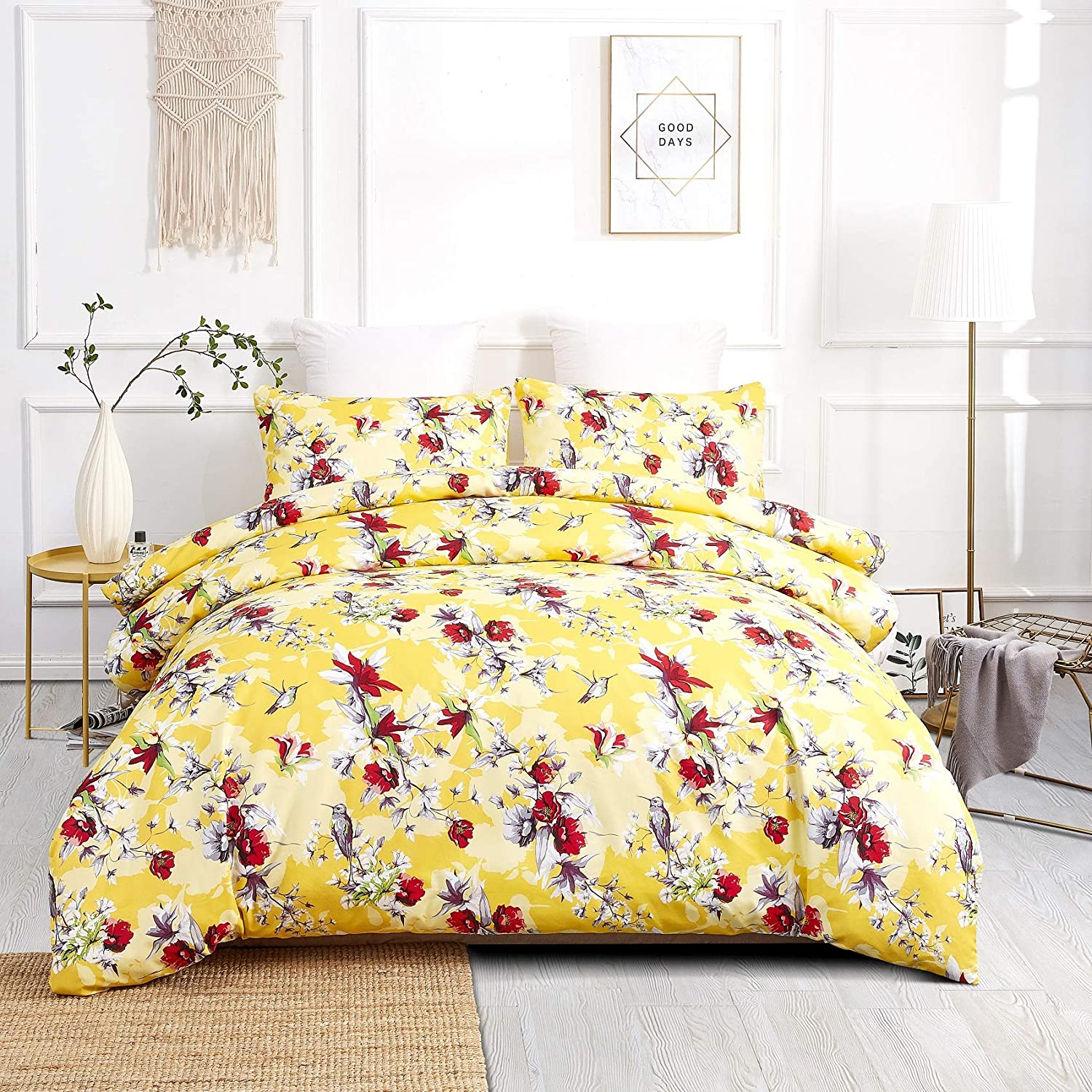 Price:$39.99 Bedding Radiant Sunshine Yellow Duvet Cover - Farmhouse Floral Hummingbirds w/Pillow Cases - Bright Vibrant Multi-Colorful Red Flowers - Very Soft Comforter Cover w/ Corner Ties - Twin - 2-Pieces : Home & Kitchen