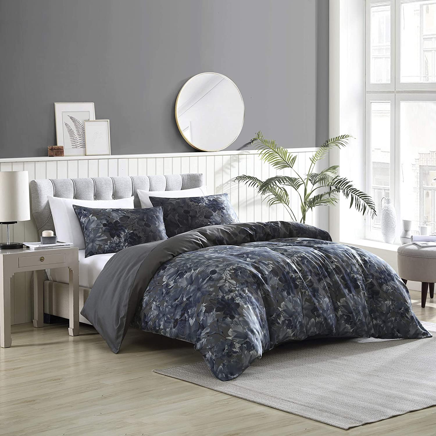 Price:$49.99 Camila Floral Printed/Charcoal Reverse 100% Cotton Duvet Cover Set, Blue/Charcoal, Full/Queen : Home & Kitchen