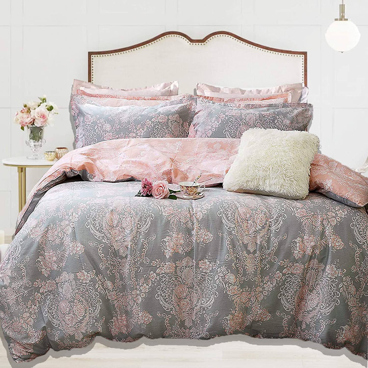 Price:$62.00 Duvet Cover Set 3PCs Twin, Boho Grey and Pink Floral Comforter Cover Set for Girls Bedroom Decor Flower Bedding Set Retro Flower Duvet Cover with Zipper Ties 2 Pillowcases Soft Breathable : Home & Kitchen