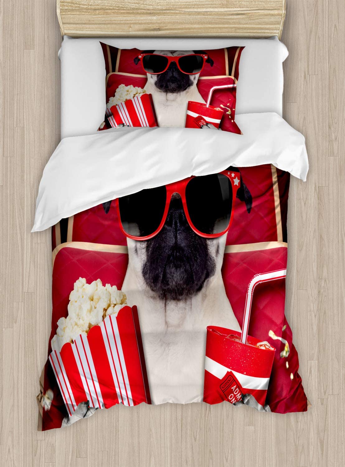 Price:$59.99 Pug Duvet Cover Set, Funny Dog Watching Movie Popcorn Soft Drink and Glasses Animal Photograph, Decorative 2 Piece Bedding Set with 1 Pillow Sham, Twin Size, Cream Ruby : Home & Kitchen