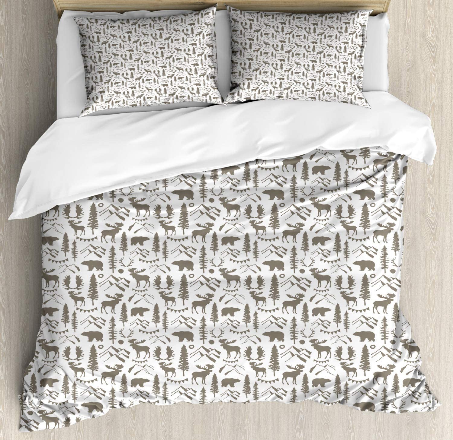 Price:$47.98 Northwoods Duvet Cover Set, Forest Elements with Bear Moose Trees and Mountains Wildlife Nature Theme, Decorative 3 Piece Bedding Set with 2 Pillow Shams, Queen Size, Taupe and White : Home & Kitchen