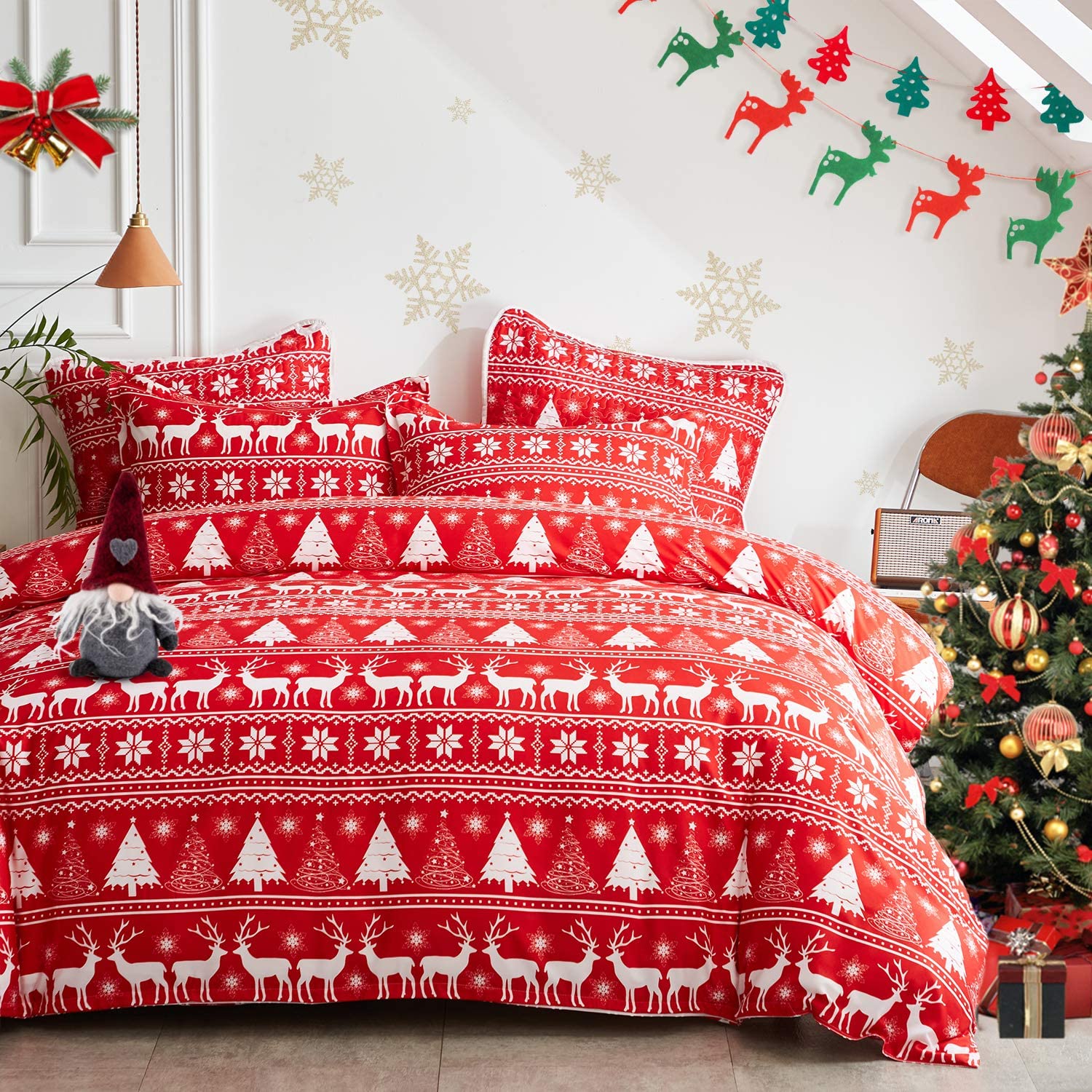 Price:$24.99 Christmas King Duvet Cover Set Soft Microfiber Merry Christmas Holiday Decorative 3 Piece Tree Elk Deer Snowflake Printed : Home & Kitchen