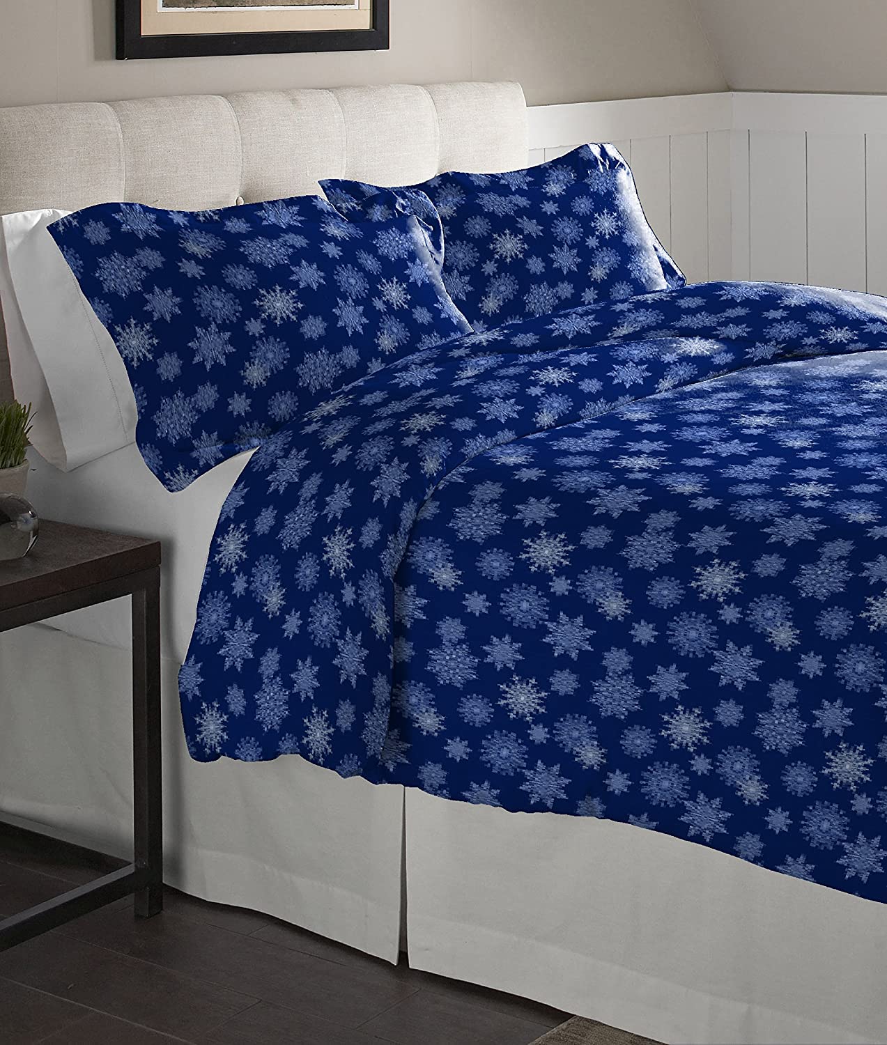 Price:$66.99 Flannel Oversized Duvet Set, Full/Queen, Snow Flakes Navy : Home & Kitchen