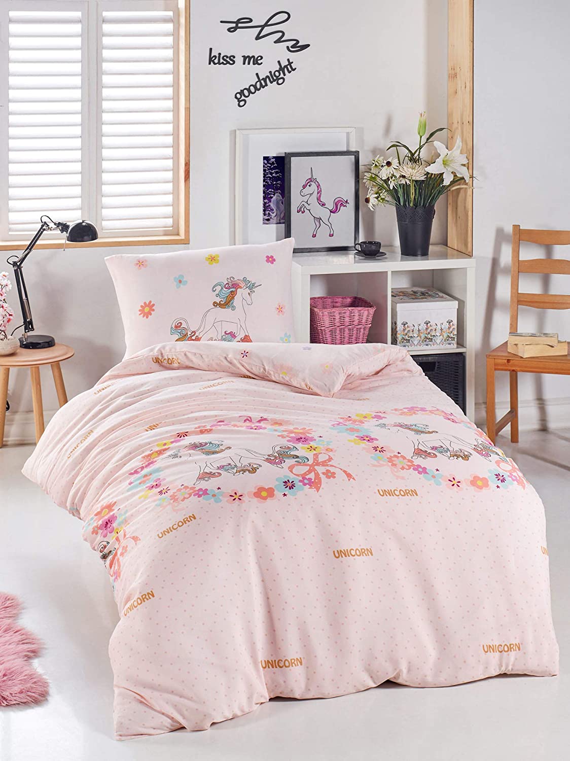 Price:$29.90 Unicorn Bedding Set Unicorns Themed Single/Twin Size 1 Duvet Cover 1 Pillow Case Girls Bed Set Pink (2 Pcs) : Home & Kitchen