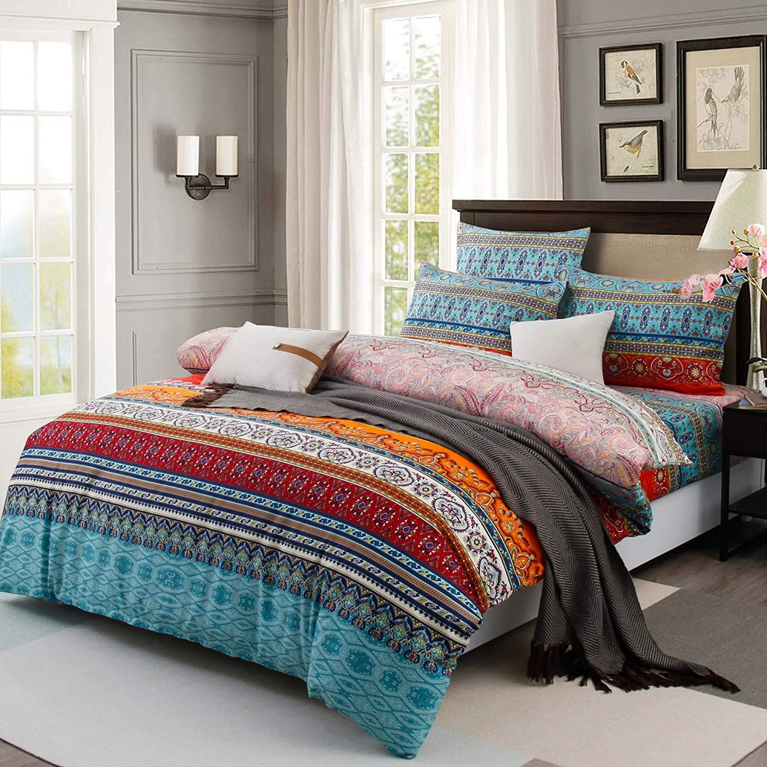 Price:$49.99 Bohemian Duvet Cover Set King Boho Chic Tribal Orange Aqua Red Exotic Striped Pattern Comforter Covers Mandala Bedding Soft Microfiber Poly-Cotton Quilt Cover (3pcs,104"x90") : Home & Kitchen