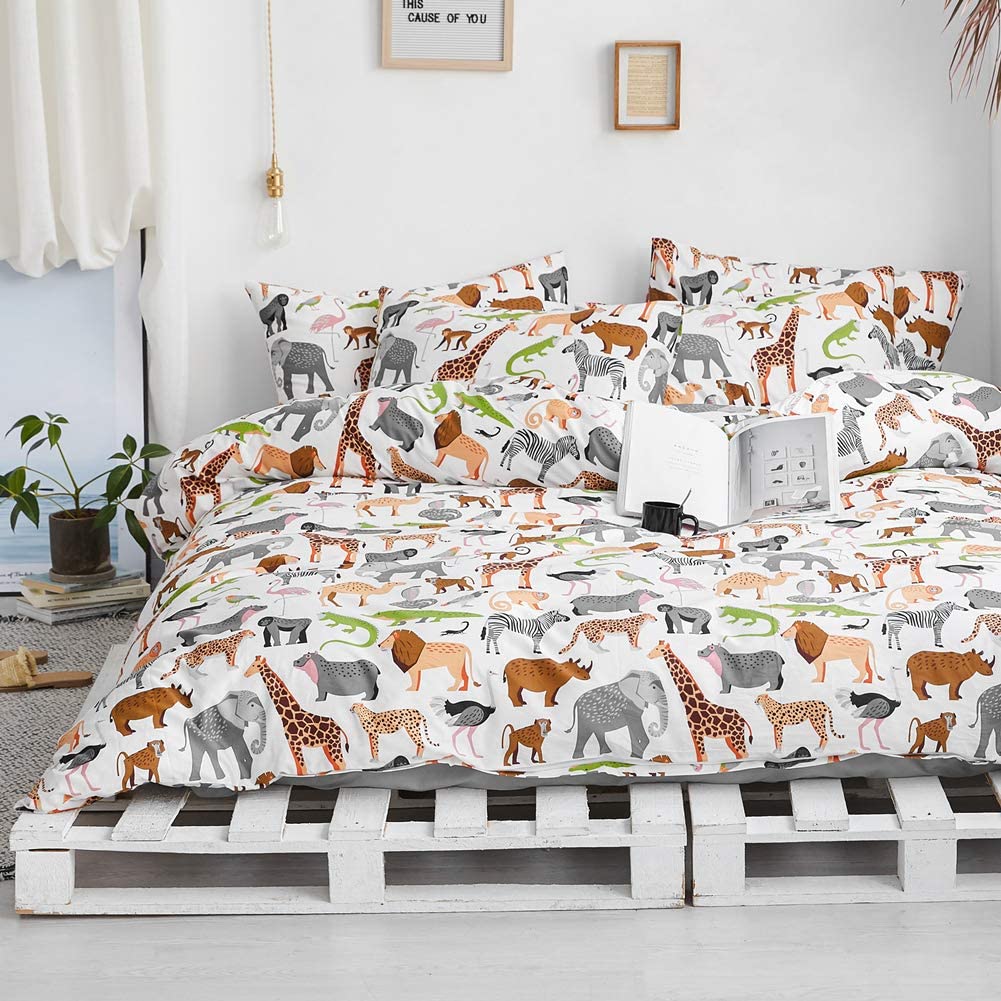Price:$57.99 Safari Kids Duvet Cover Set Queen, 100% Cotton Bedding for Boys Girls Teens, Tropical Lion Elephant Rhino Giraffe Zebra Zoo Pattern Print on White, 1 Full Soft Comforter Cover 2 Pillow Shams : Home & Kitchen