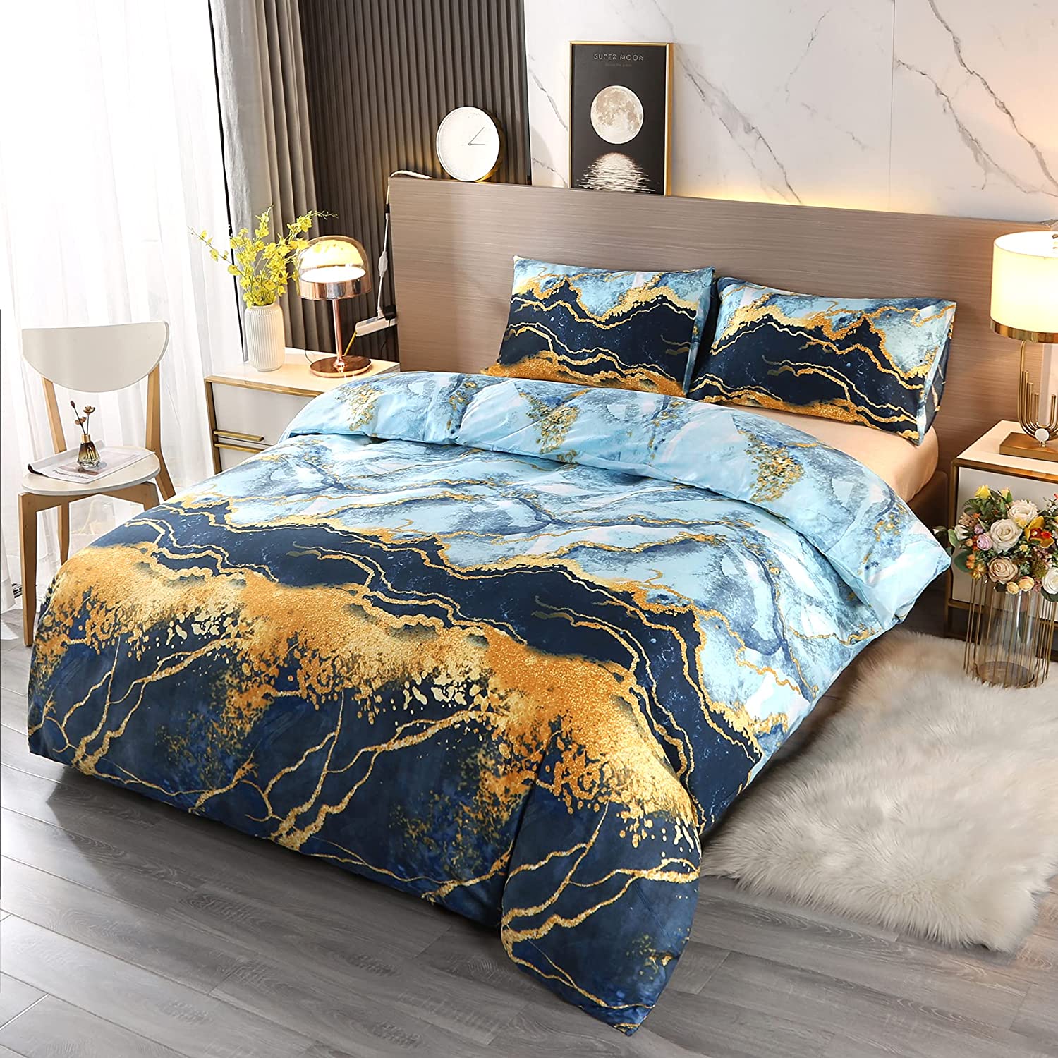 Price:$22.98 Marble Pattern Duvet Cover Bedding Set Abstract Golden 3 Pieces Comforter Cover Set Queen with 2 Pillowcases : Home & Kitchen