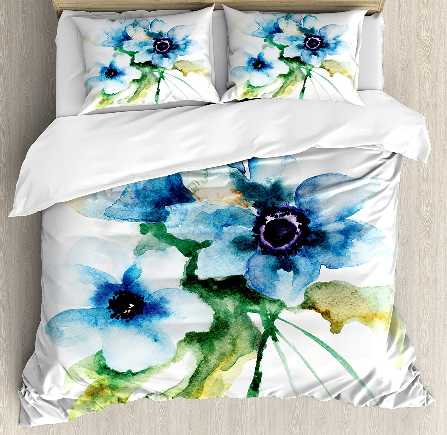 Price:$79.95 Watercolor Flower Duvet Cover Set, Pale Colored Summer Flower Painting with Leaves Bouquet Nature Art, Decorative 3 Piece Bedding Set with 2 Pillow Shams, Queen Size, Teal Green White : Home & Kitchen