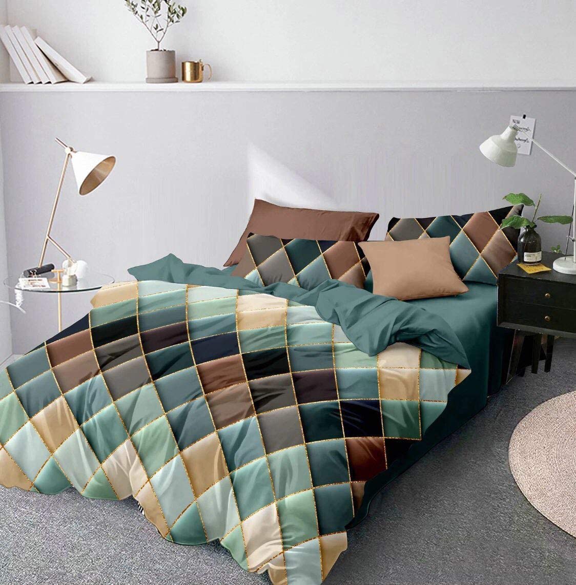 Price:$24.99 Gold Geometric Duvet Cover Set Diamond Geometric Duvet Cover Twin Hexagon Pattern Comforter Cover Set Green Diamond Geometric Bedding Set -037 : Home & Kitchen