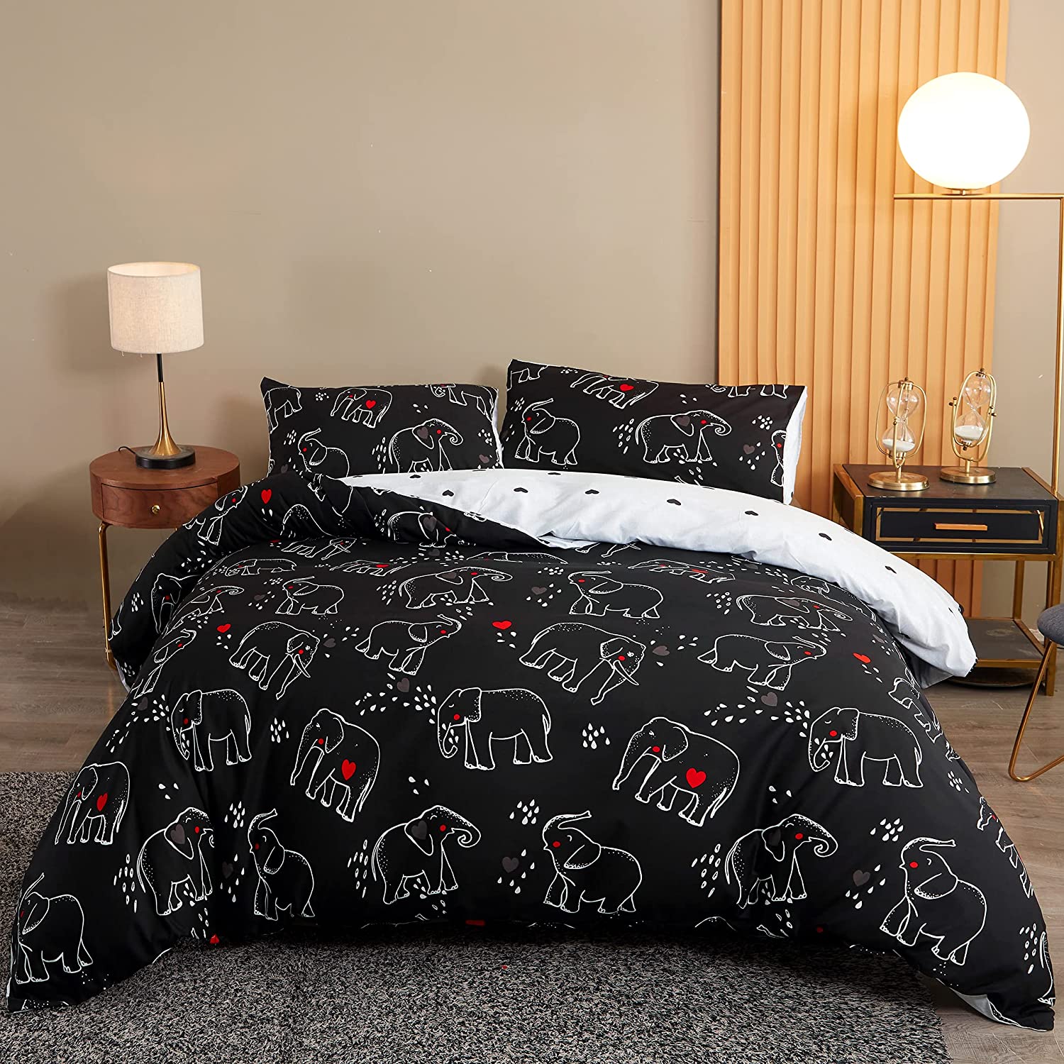Price:$23.89 Elephant/Hearts Duvet Cover Set Twin Size Reversible Luxury Soft Bedding Set Comforter Cover (1 Duvet Cover+2 Pillowcases) Black/White : Everything Else