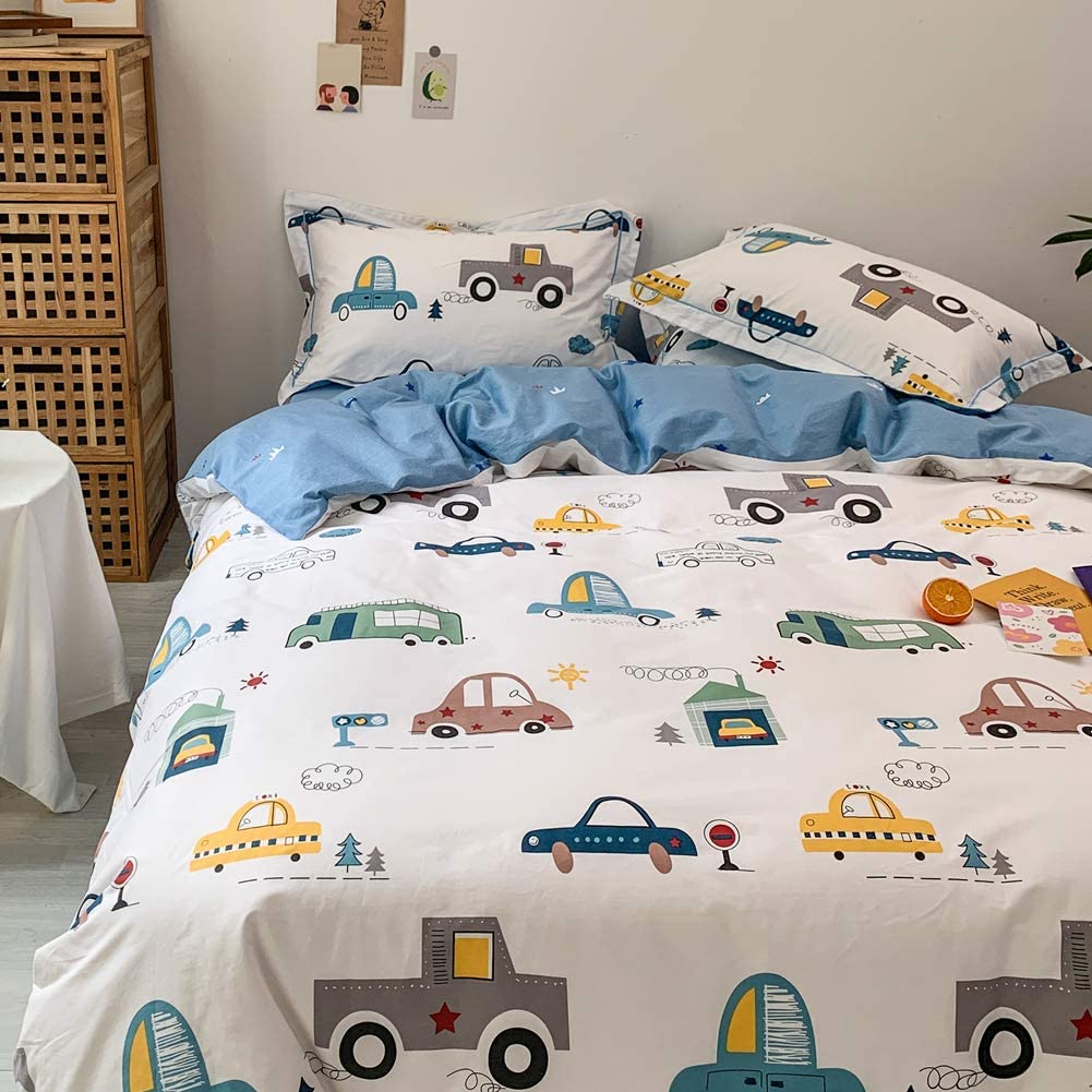 Price:$48.99 Cars Duvet Cover Set Twin 100% Cotton Bedding for Kids Boys Girls Teens Cartoon Transportation Car Truck Bus Taxi on White 1 Reversible Blue Comforter Cover with Zipper 2 Pillowcases (Twin) : Home & Kitchen