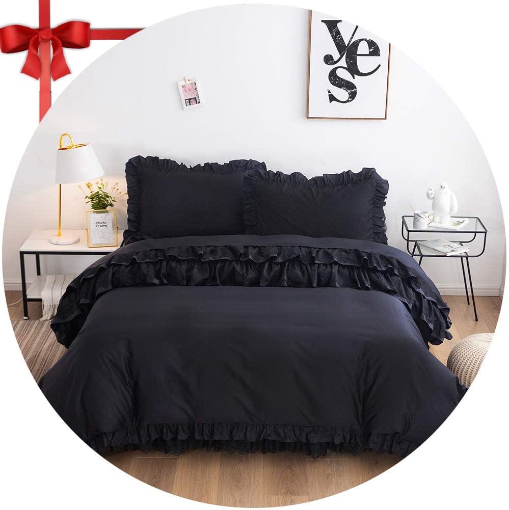 Price:$129.00 Black Ruffle Bedding Set Full Size 4 Piece Premium 100% Cotton Luxury Pure Black Lace Zipper Duvet Cover Set & Bed Skirt & 2 Pillowshams : Home & Kitchen