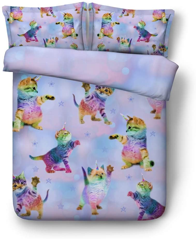 Price:$57.99 3pcs Colorful Rainbow Unicorn Kitten Print Bed Set Kids Girls Twin Full Queen King Size Bedding with 1 Duvet Cover 2 Shams (JF599, Twin 3pcs) : Home & Kitchen