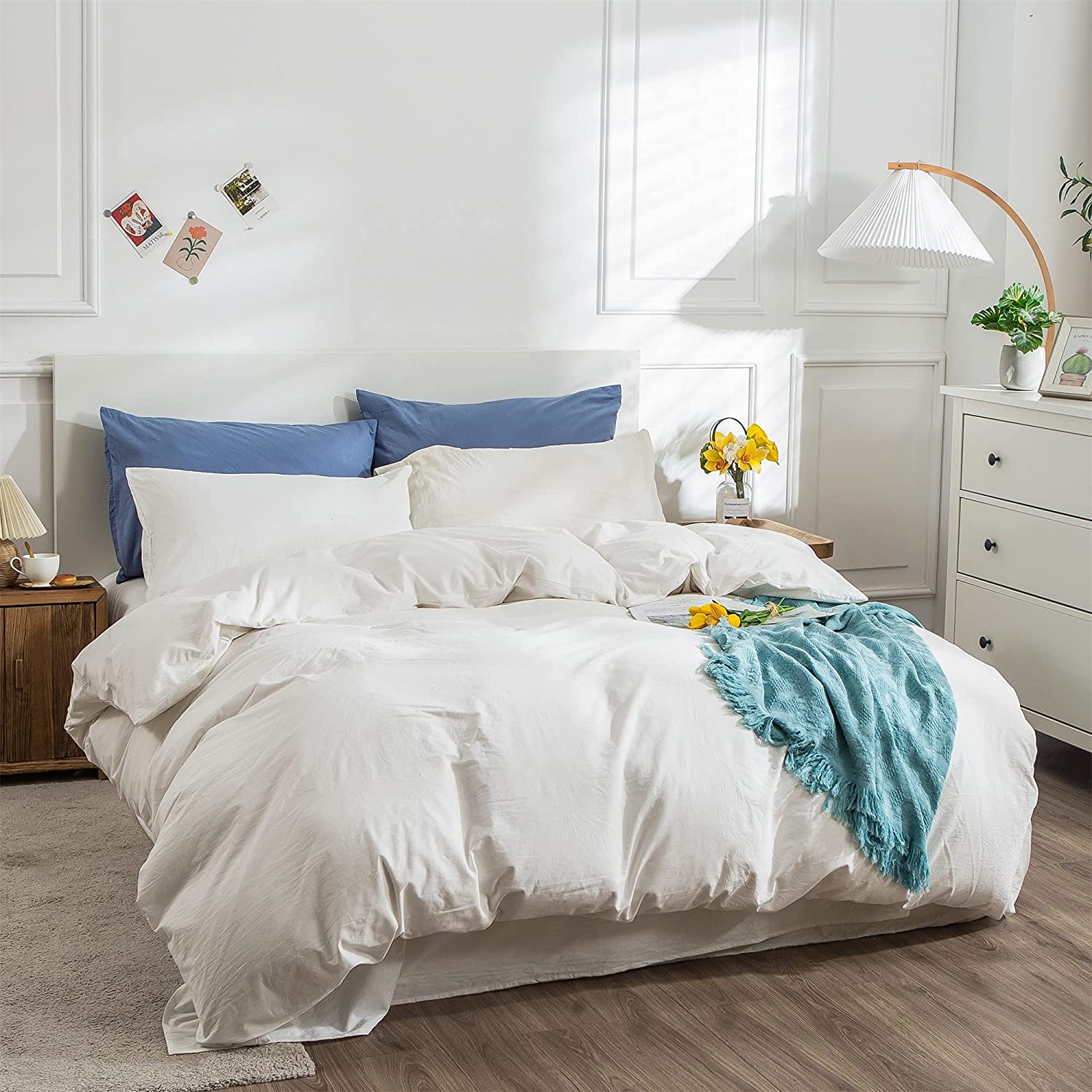 Price:$49.99 100% Washed Cotton Duvet Cover Set, Queen Size Solid Color 3 Pieces Soft Bedding Set with Zipper Closure, Machine Washable(White)(No Comforter) : Home & Kitchen