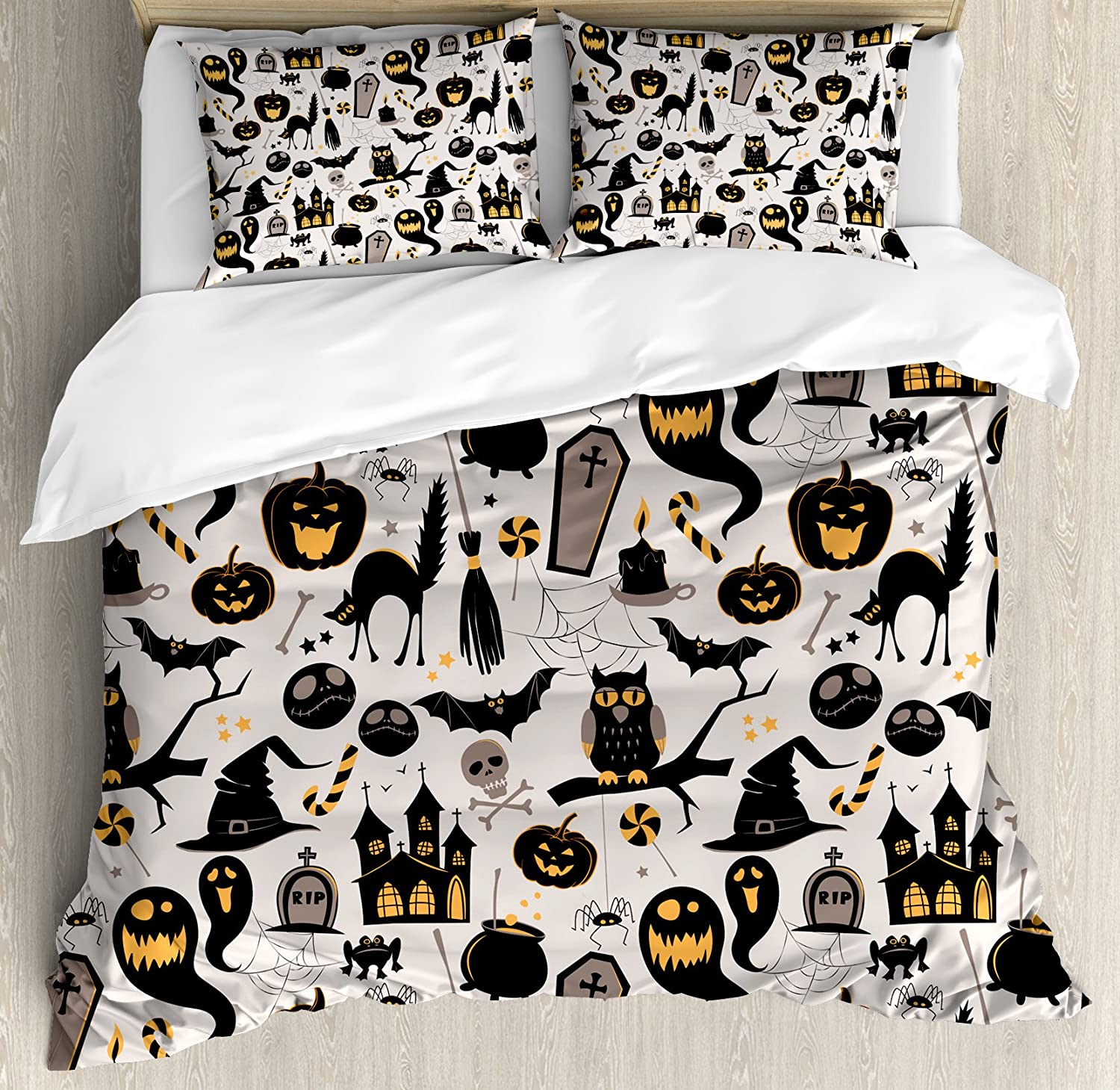 Price:$47.98 Vintage Halloween Duvet Cover Set, Halloween Cartoon Jack o' Lantern Tombstone Skulls and Bones, Decorative 3 Piece Bedding Set with 2 Pillow Shams, Queen Size, Pale Grey : Home & Kitchen