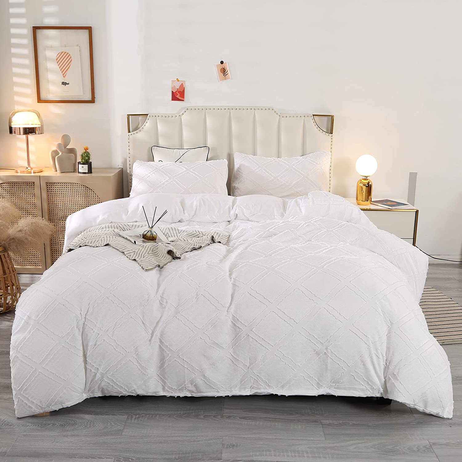 Price:$35.99 Geometric Textured Duvet Cover Set 3 Pieces Boho Tufted Bedding Sets Soft Lightweight Microfiber Comforter Cover Set with Zipper Closure (King, White (No Comforter)) : Home & Kitchen