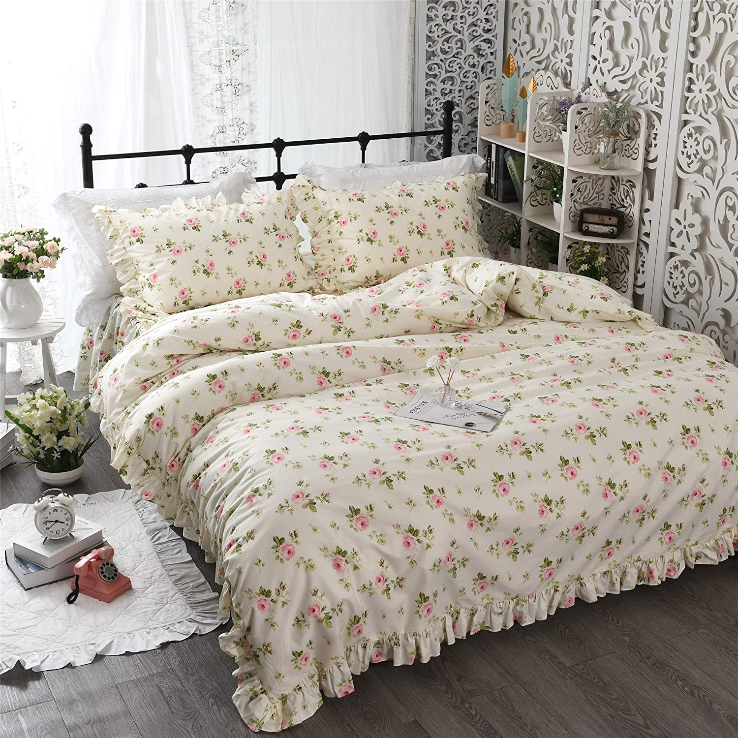 Price:$79.00 Floral Duvet Cover Set Full Size Cotton Ruffled Duvet Cover Set Summer Bedding Rustic Bedding Beige Rose 100% Cotton Designer Bedding Set 3-Pieces :1 Zipper Duvet Cover+ 2 Pillowshams : Home & Kitchen