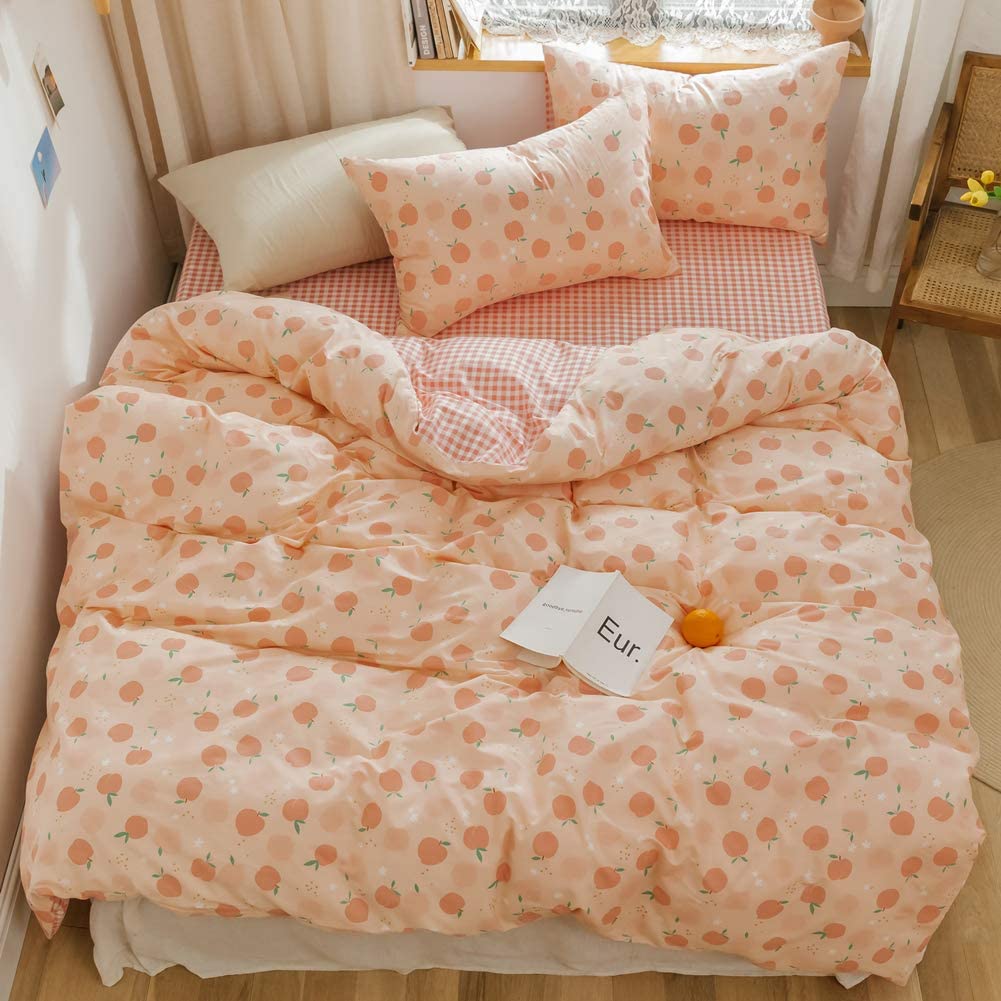 Price:$48.99 Peach Duvet Cover Set Twin 100% Cotton Bedding for Kids Boys Girls Teens Cartoon Apple Fruit Print on Pink 1 Reversible Check Comforter Cover with Zipper Ties 2 Pillowcases (Twin, Peach) : Home & Kitchen