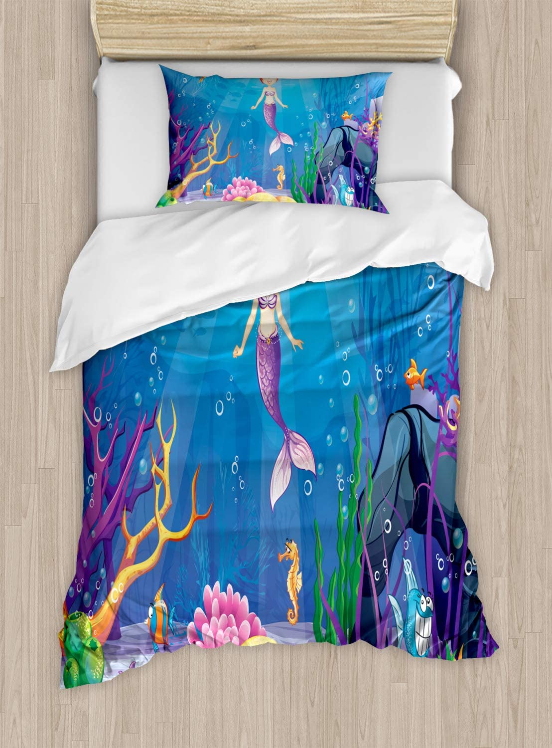 Price:$59.95 Mermaid Duvet Cover Set Twin Size, Underwater World with Little Mermaid and Different Type of Fish Artwork, Decorative 2 Piece Bedding Set with 1 Pillow Sham, Ocean Blue : Home & Kitchen