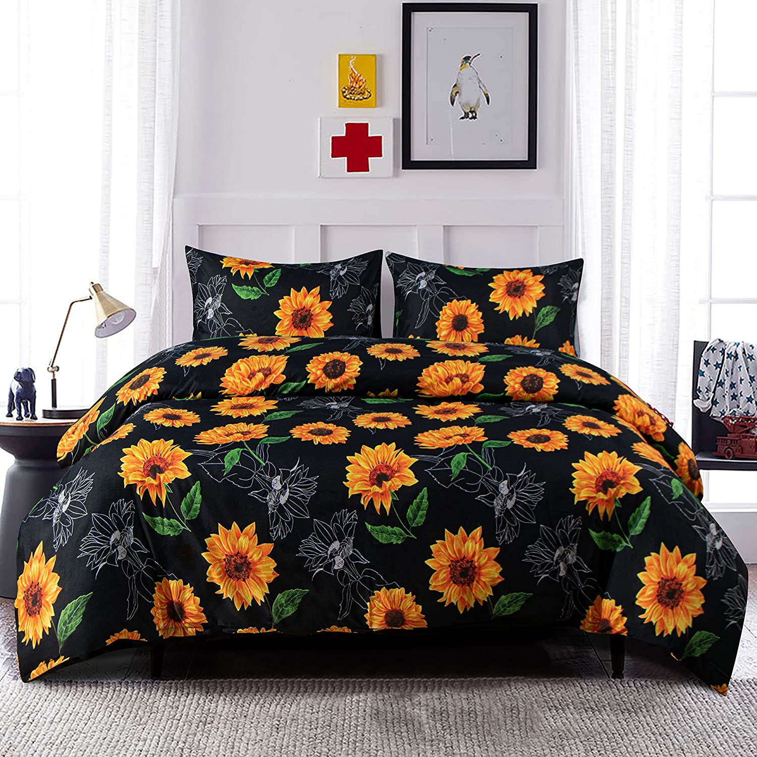 Price:$28.99 Microfiber Queen (90" x 90") Duvet Cover Set, 3 Pieces (1 Duvet Cover + 2 Pillowcases) Ultra Soft Sunflower Printed Comforter Cover Set with Zipper Closure, Black : Home & Kitchen