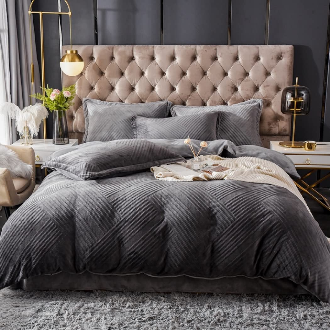 Price:$59.99 Velvet Queen Size Flannel Duvet Cover Set - 3 Pieces Zippered Plush Cozy Comforter Cover Set, Luxury Striped Fuzzy Warm Duvet Cover for Winter(Dark Grey) : Home & Kitchen